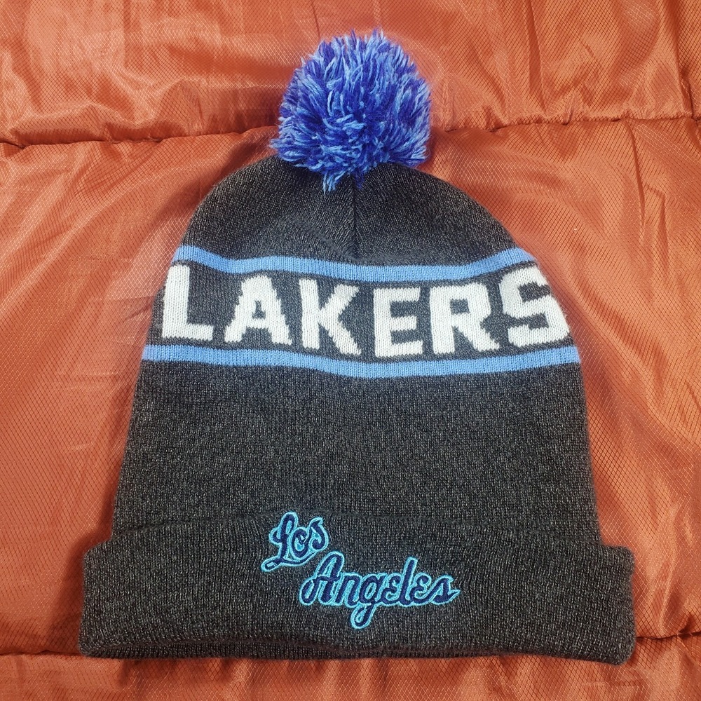 LA Lakers Mitchell & Ness NBA Knit Hat Beanie Cap Embroidery Logo Gray‎ EUC
